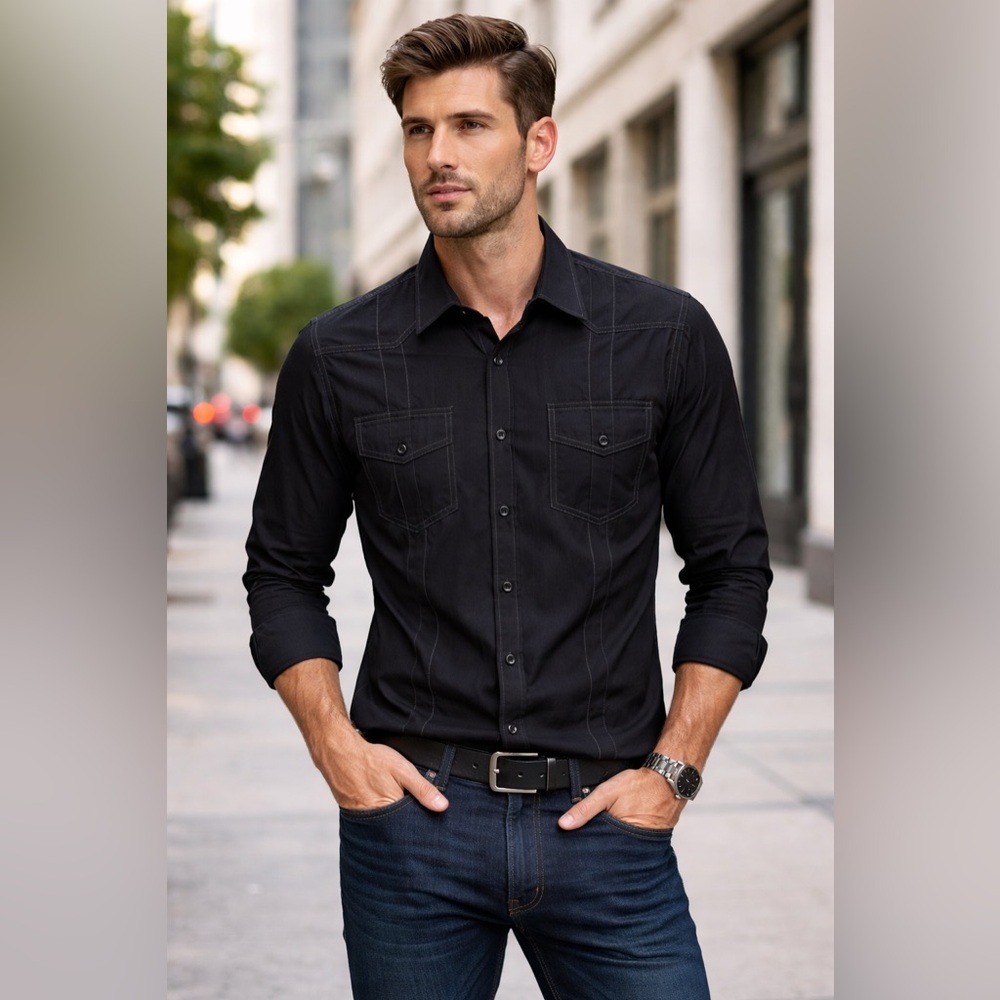 7 Diamonds Dark Gray Casual Button Down Shirt
